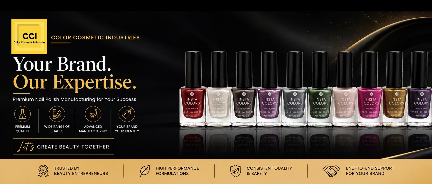 Insta Colors nail polish bottles on black background